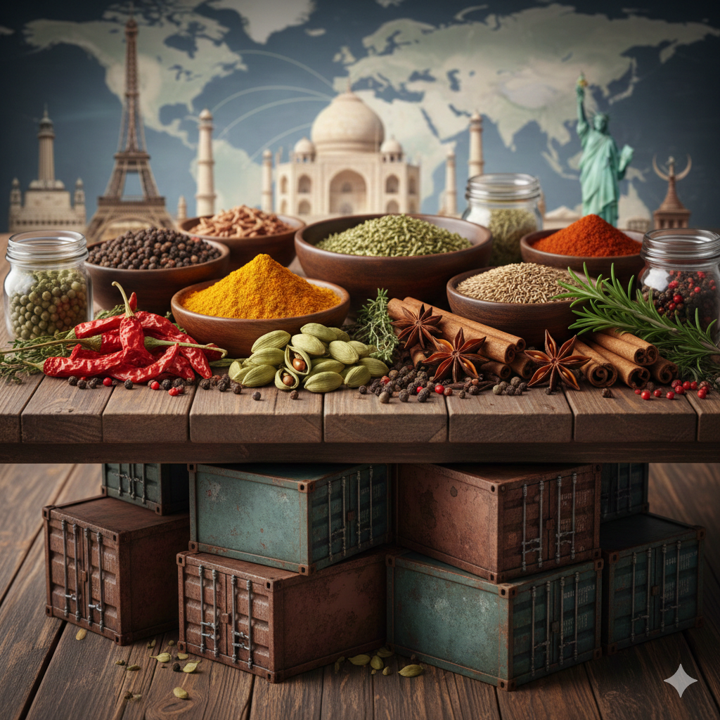 A view of a busy shipping port with cargo ships and containers, representing global trade.